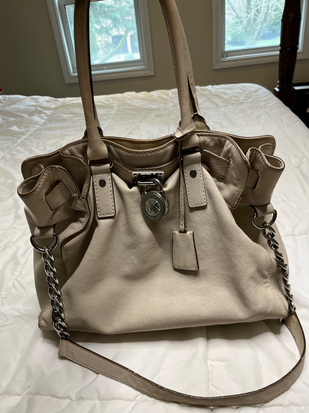 Michael Kors Taupe/Cream Leather Shoulder Bag with Chain Accents